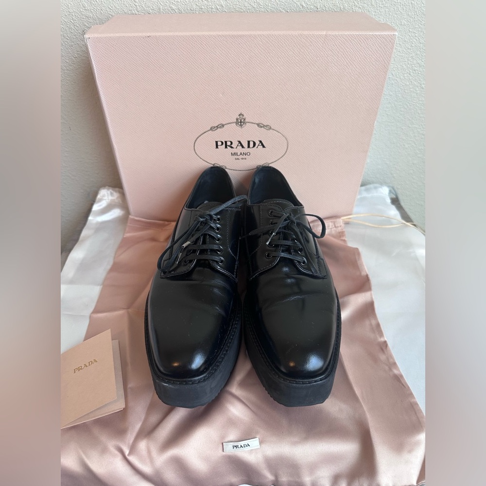 Prada Spazzolato Leather Platform Lace-Up Derby Shoes with Box & Dustbag